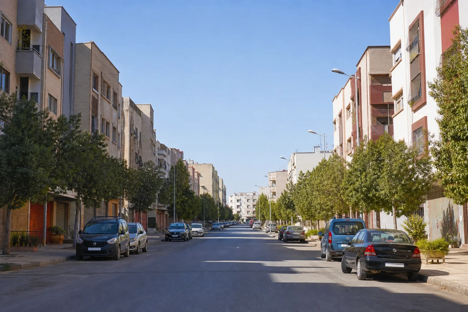 Avenue résidentielle avec immeubles et commerces de proximité dans le quartier Dakhla à Agadir