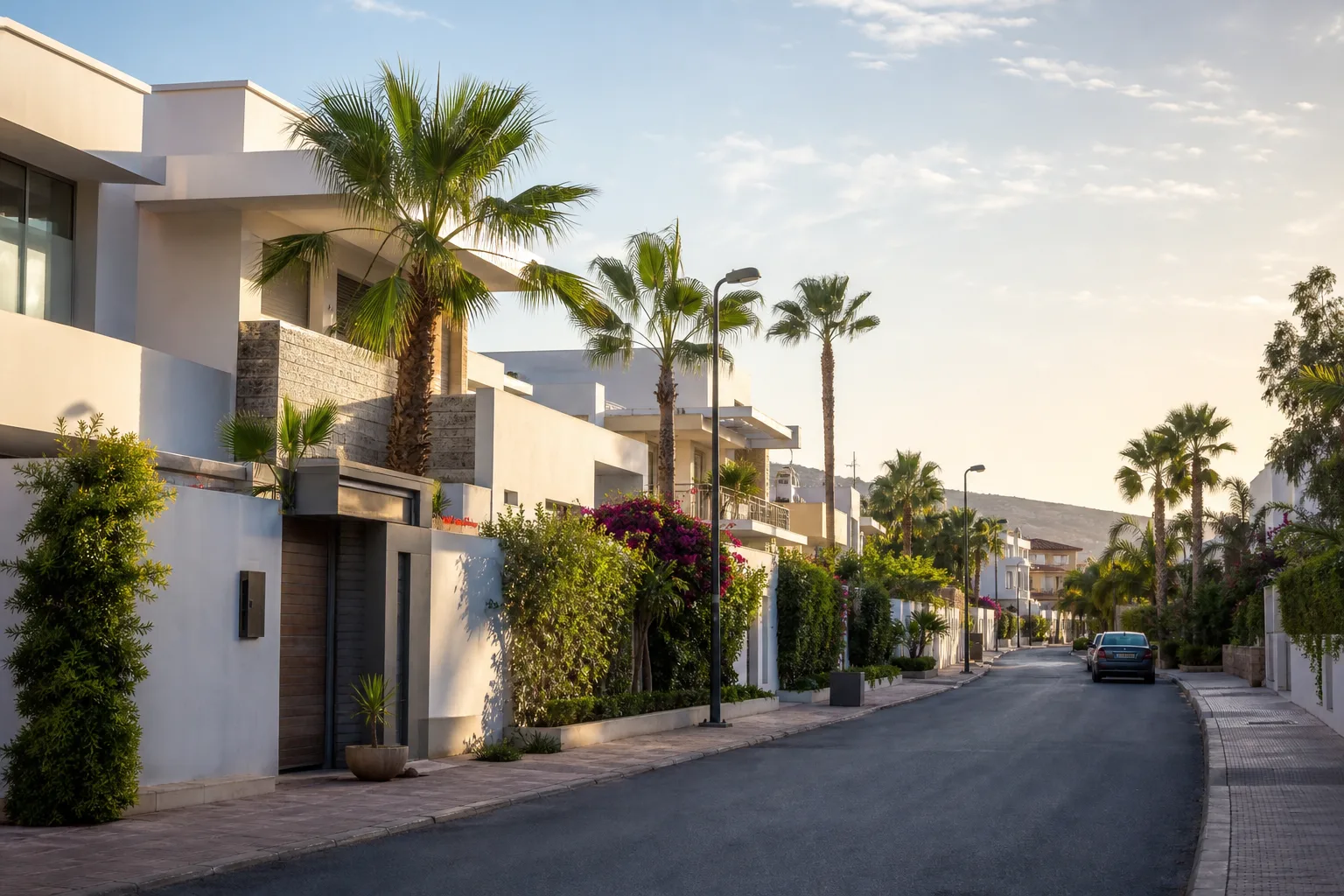 Avenue plantée bordée de villas et résidences blanches dans le quartier Founty à Agadir