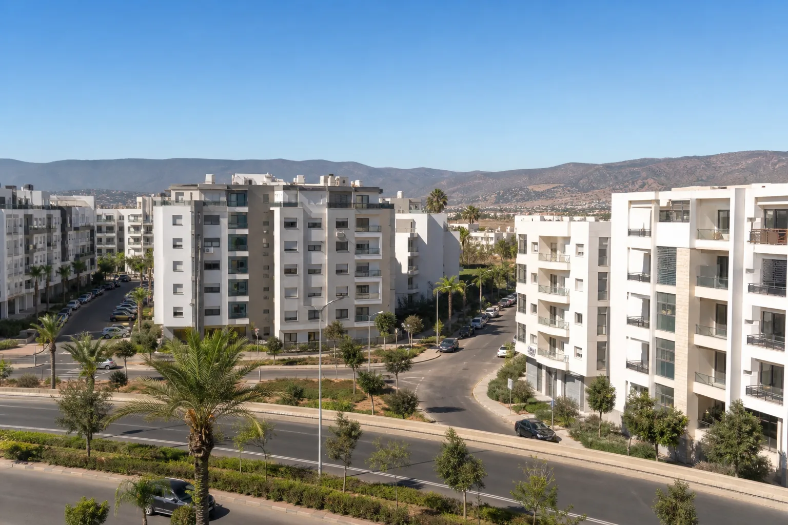 Résidences contemporaines et voirie récente dans le secteur Haut Founty à Agadir