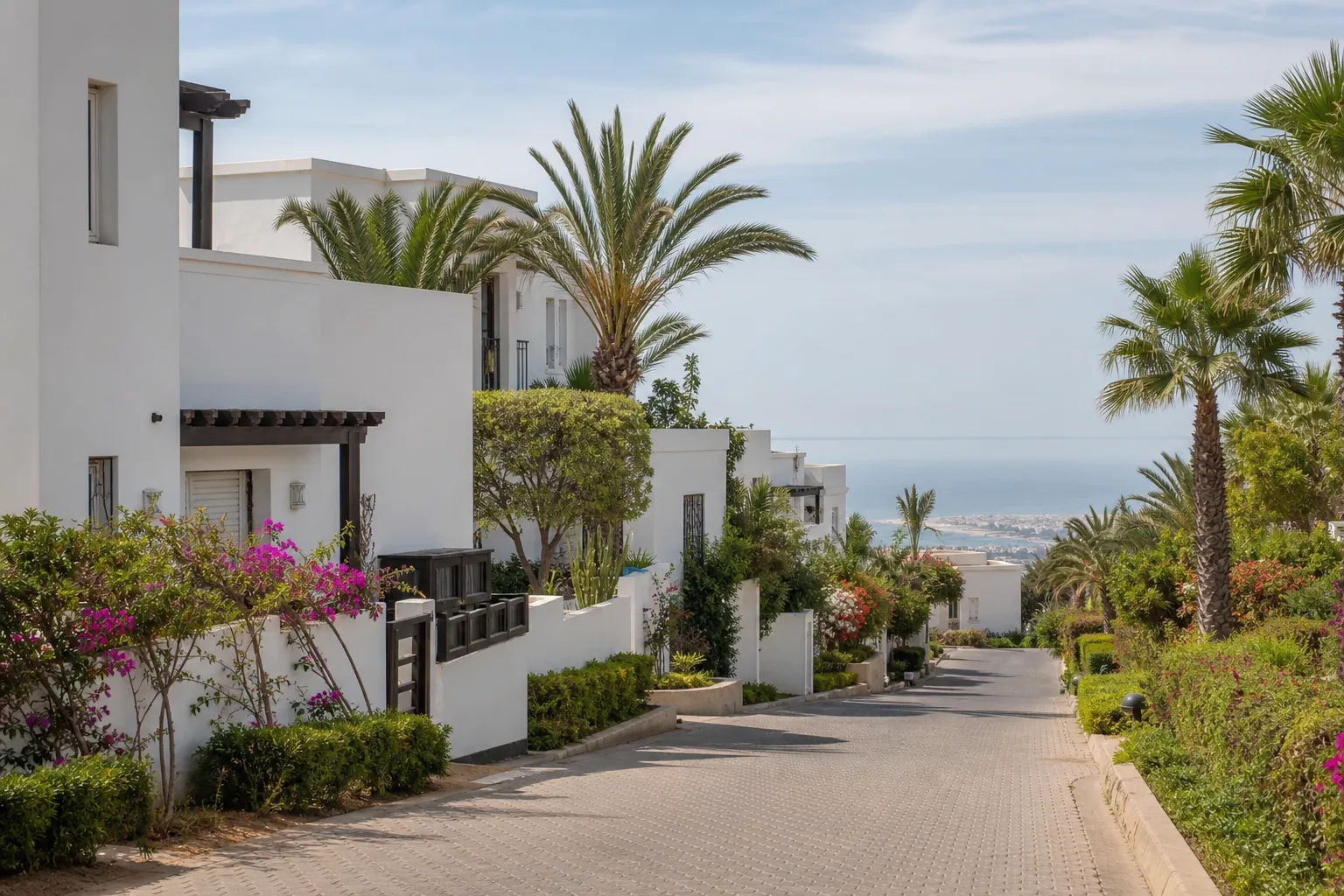 Résidences balnéaires blanches et jardins plantés dans le secteur Sonaba à Agadir