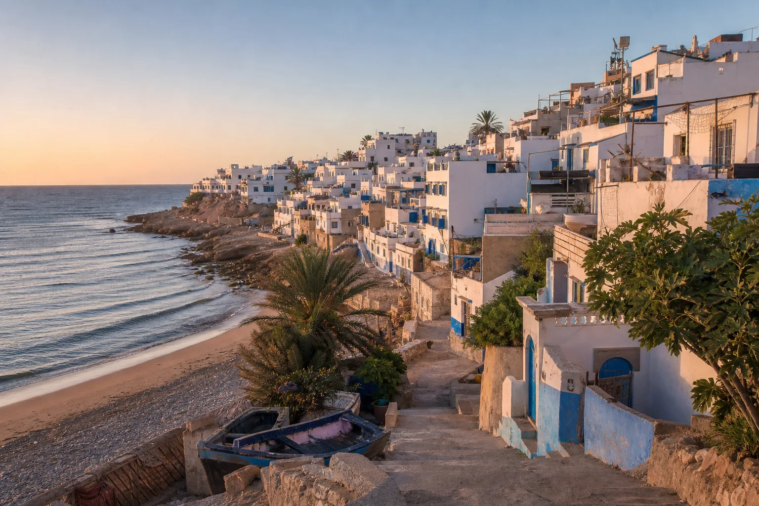 Village blanc de Taghazout étagé face à l’océan au nord d’Agadir