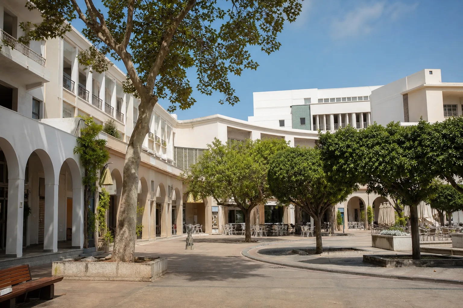 Place urbaine et immeubles bas dans le quartier vivant de Talborjt à Agadir